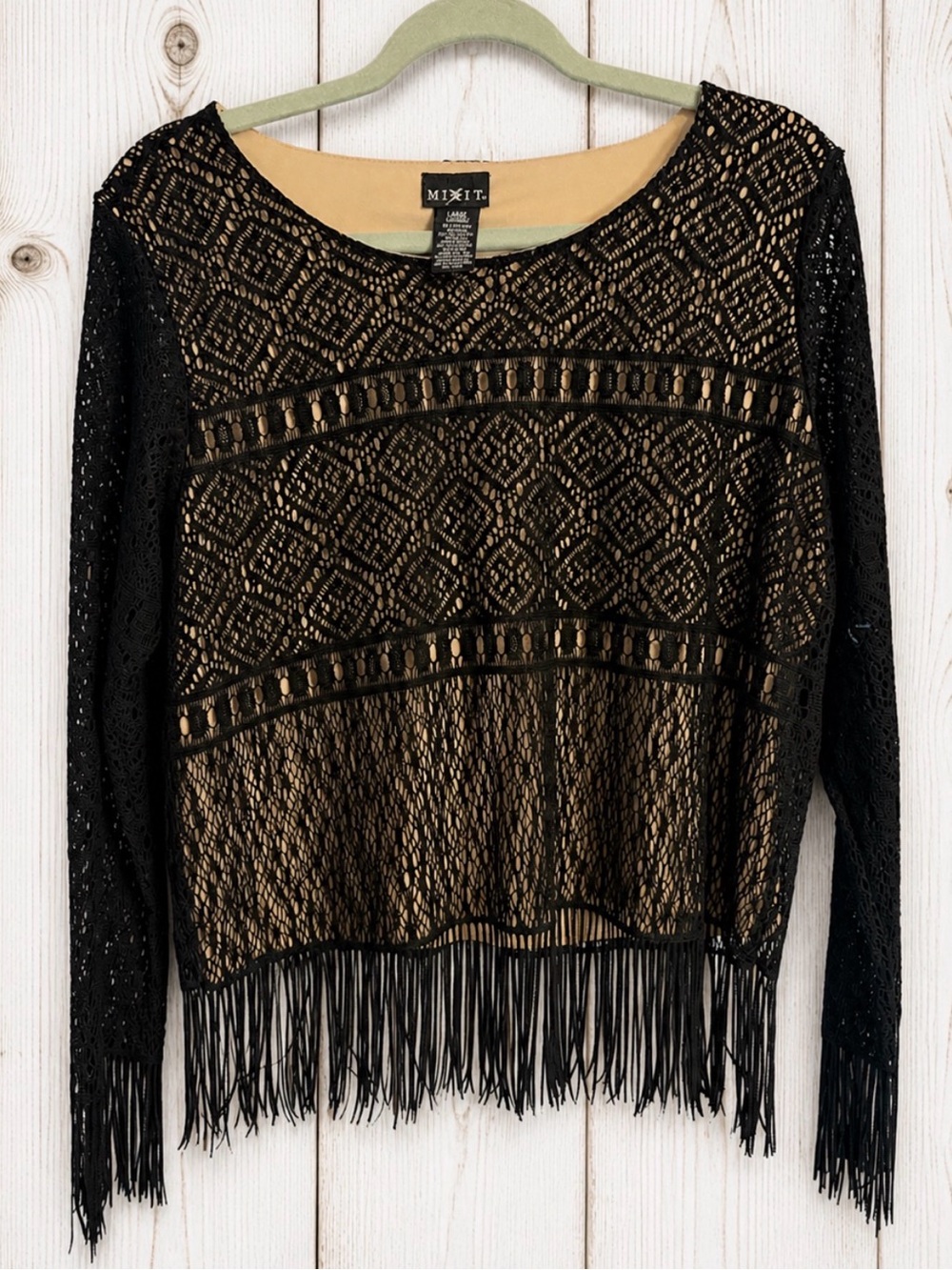 Mix It Black Lace Fringe Boho Blouse Long Sleeve Sheer Overlay Lined Top Size L - Picture 5 of 11